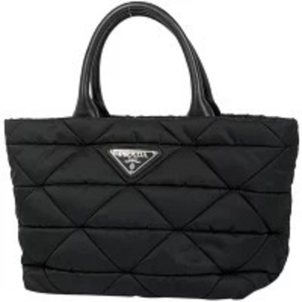 Prada Plate Handbag Padded Tote Bag Shoulder Quilted Nero Black